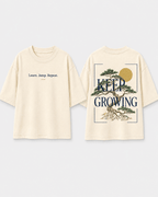 Boys oversized graphic t-shirt in off-white, Keep Growing print, Bold Cub Korean streetwear - flat lay