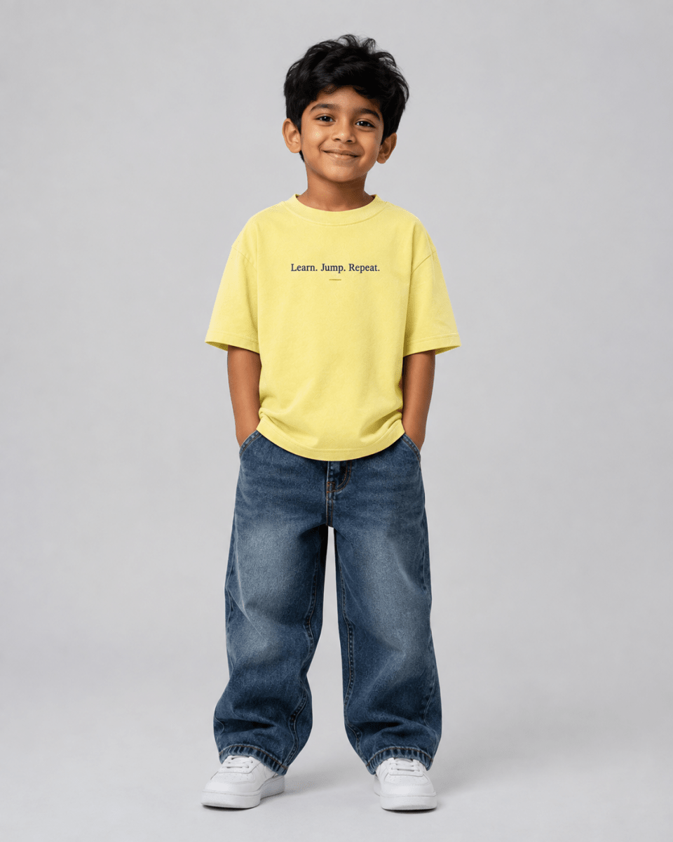 Boys oversized graphic t-shirt in pastel yellow, Keep Growing print, Bold Cub Korean streetwear - front