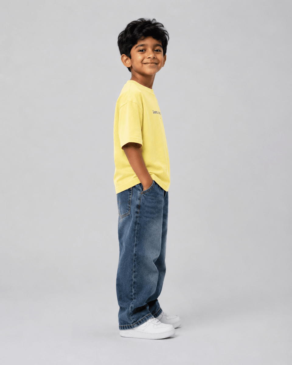 Boys oversized graphic t-shirt in pastel yellow, Keep Growing print, Bold Cub Korean streetwear - detail shot