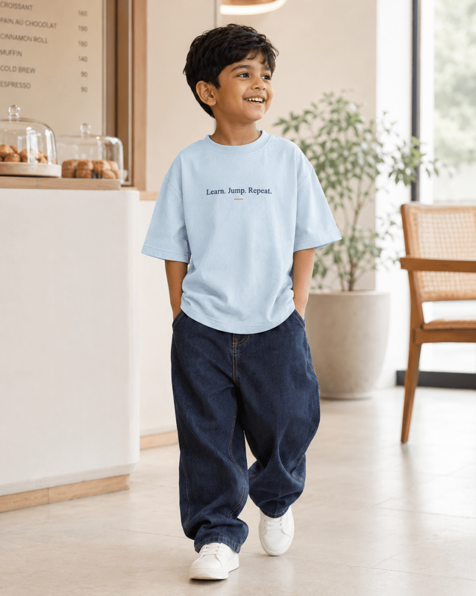 Boys oversized graphic t-shirt in sky blue, Keep Growing print, Bold Cub Korean streetwear - lifestyle shot