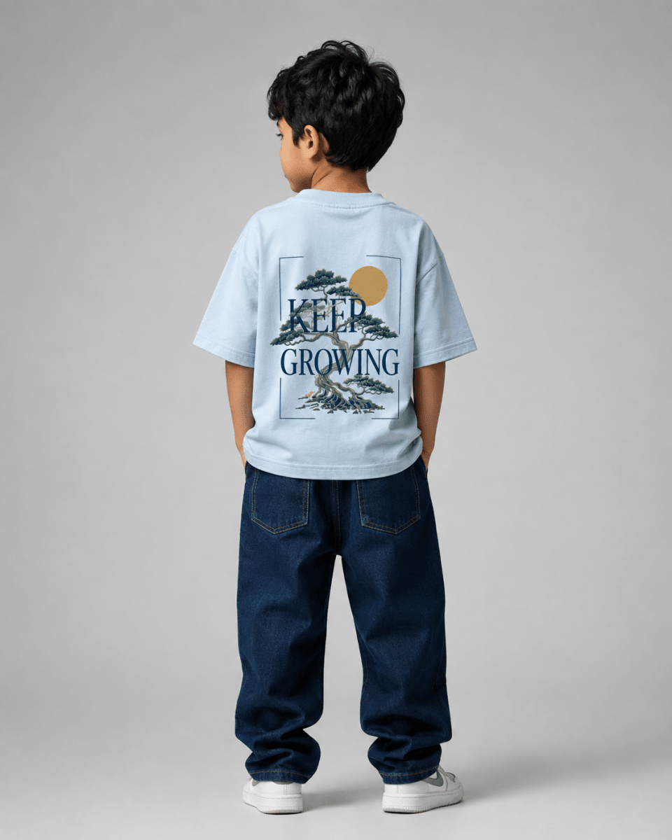 Boys oversized graphic t-shirt in sky blue, Keep Growing print, Bold Cub Korean streetwear - back