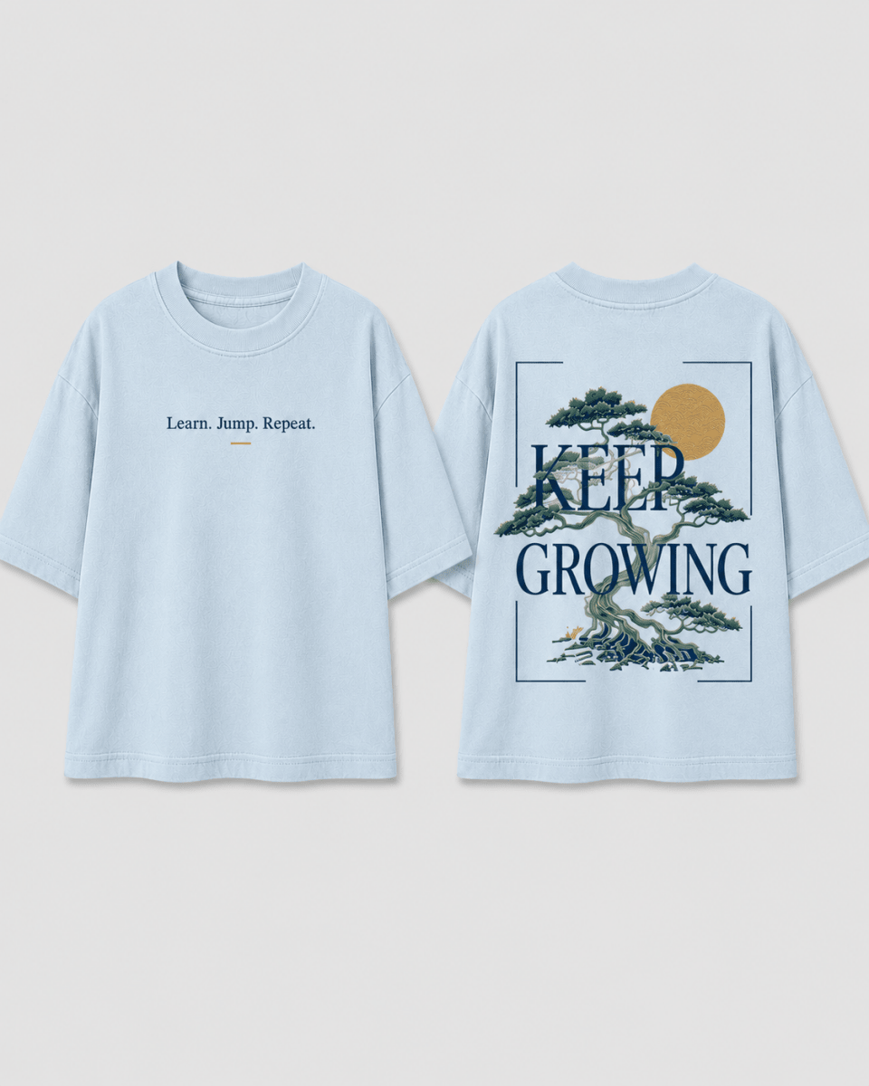 Boys oversized graphic t-shirt in sky blue, Keep Growing print, Bold Cub Korean streetwear - flat lay