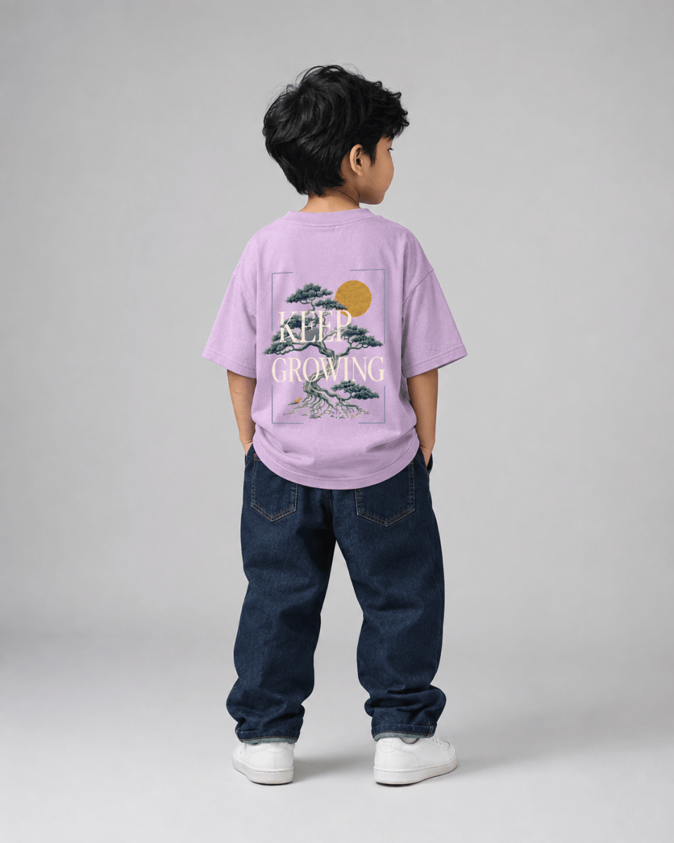 Boys oversized graphic t-shirt in lavender, Keep Growing print, Bold Cub Korean streetwear - back