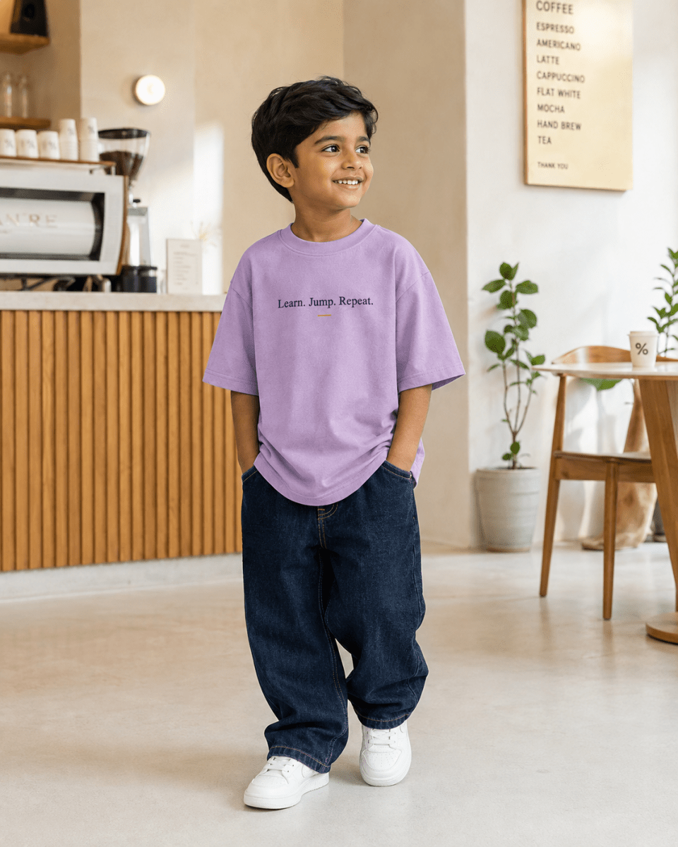 Boys oversized graphic t-shirt in lavender, Keep Growing print, Bold Cub Korean streetwear - lifestyle shot