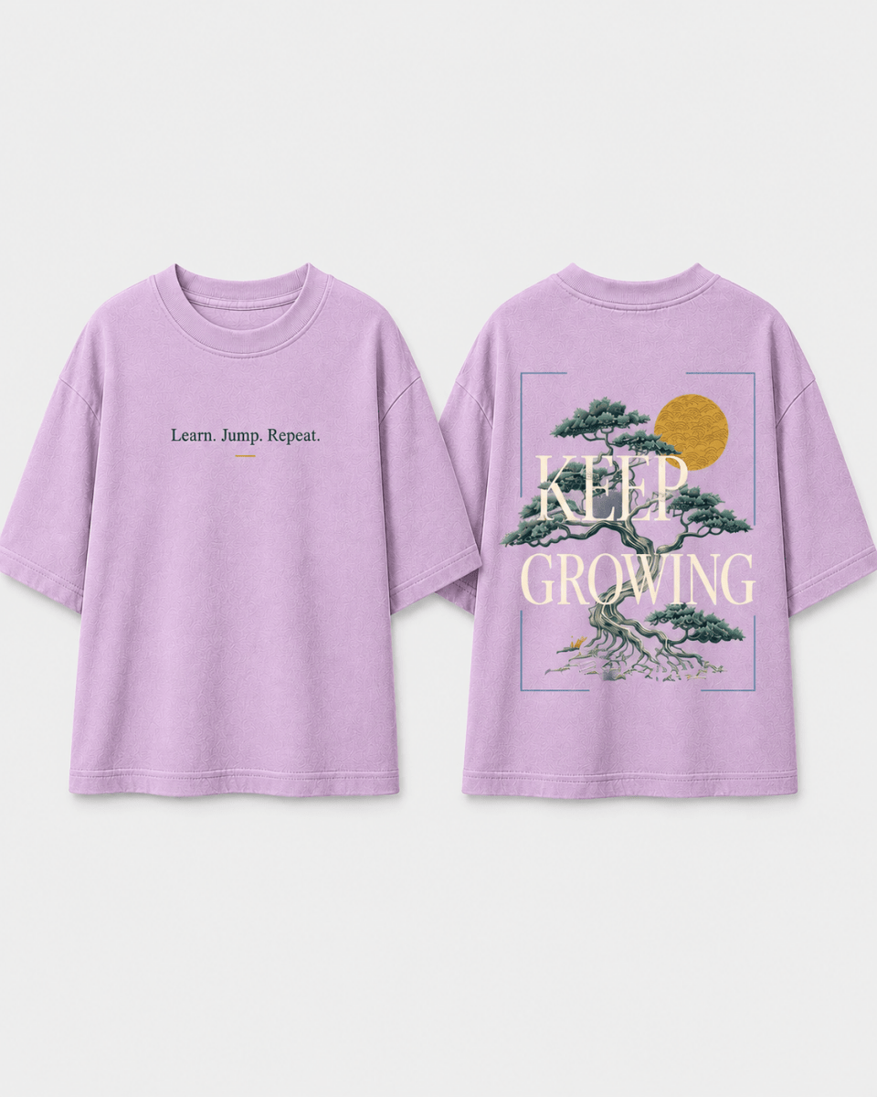 Boys oversized graphic t-shirt in lavender, Keep Growing print, Bold Cub Korean streetwear - flat lay
