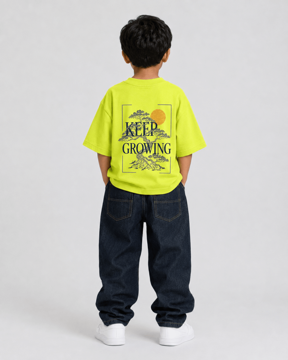 Boys oversized graphic t-shirt in neon lime, Keep Growing print, Bold Cub Korean streetwear - back