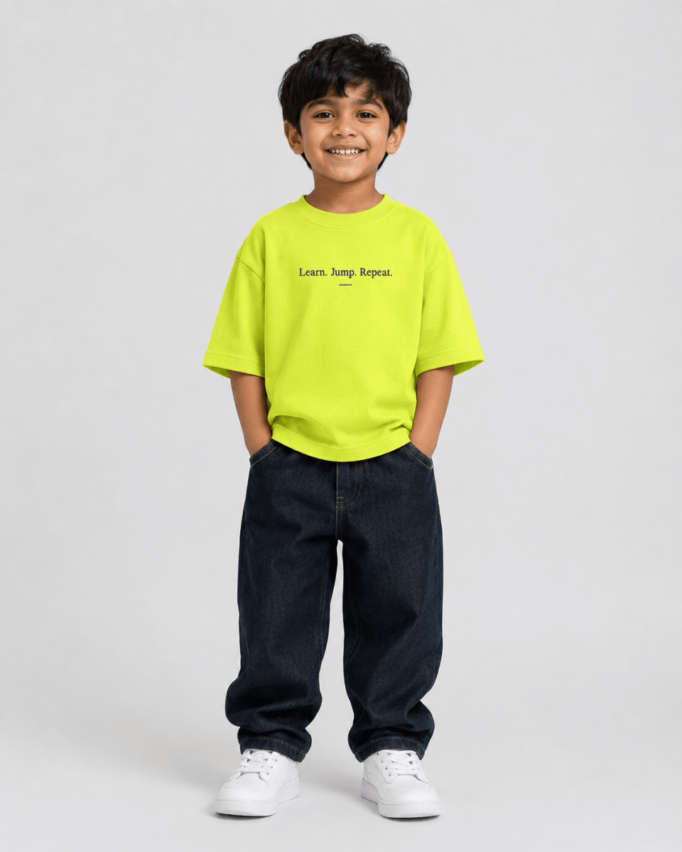 Boys oversized graphic t-shirt in neon lime, Keep Growing print, Bold Cub Korean streetwear - front