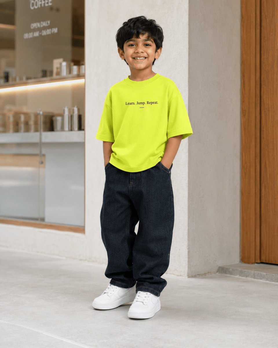 Boys oversized graphic t-shirt in neon lime, Keep Growing print, Bold Cub Korean streetwear - lifestyle shot