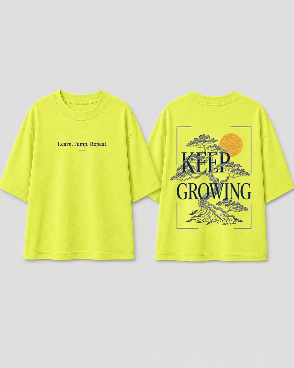Boys oversized graphic t-shirt in neon lime, Keep Growing print, Bold Cub Korean streetwear - flat lay