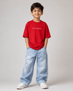 Boys oversized graphic t-shirt in red, Keep Growing print, Bold Cub Korean streetwear - front