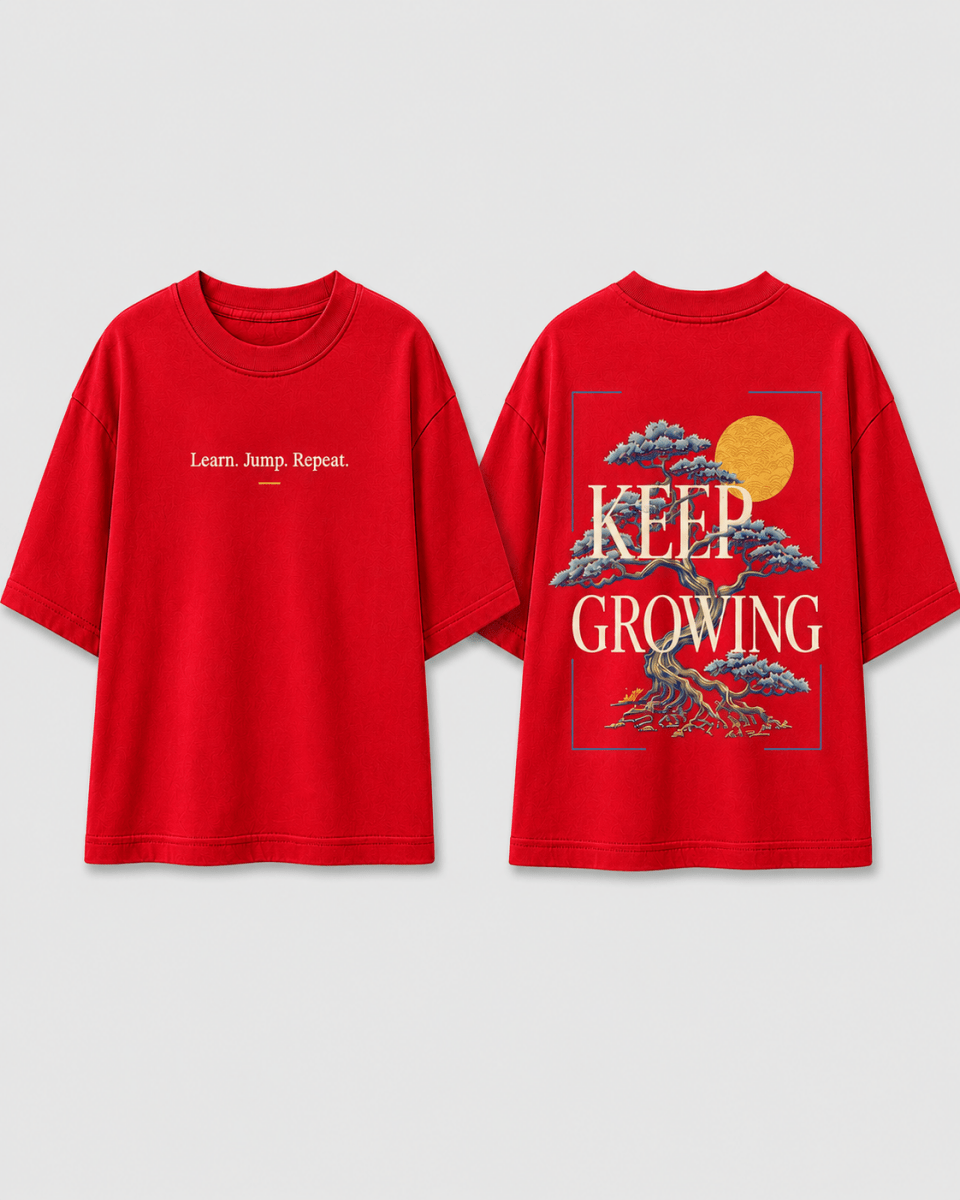 Boys oversized graphic t-shirt in red, Keep Growing print, Bold Cub Korean streetwear - flat lay