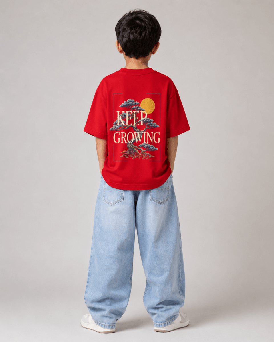 Boys oversized graphic t-shirt in red, Keep Growing print, Bold Cub Korean streetwear - back