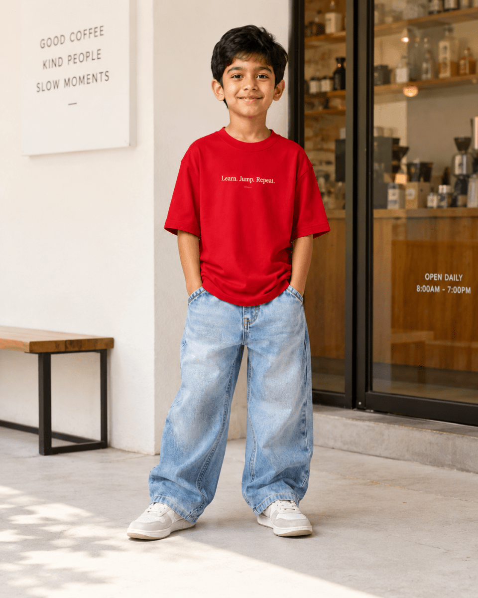 Boys oversized graphic t-shirt in red, Keep Growing print, Bold Cub Korean streetwear - lifestyle shot