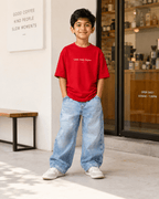 Boys oversized graphic t-shirt in red, Keep Growing print, Bold Cub Korean streetwear - lifestyle shot