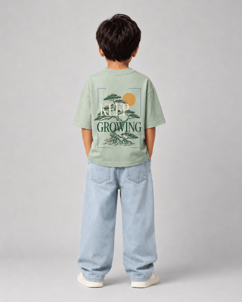 Boys oversized graphic t-shirt in sage green, Keep Growing print, Bold Cub Korean streetwear - back