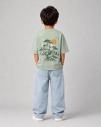 Boys oversized graphic t-shirt in sage green, Keep Growing print, Bold Cub Korean streetwear - back