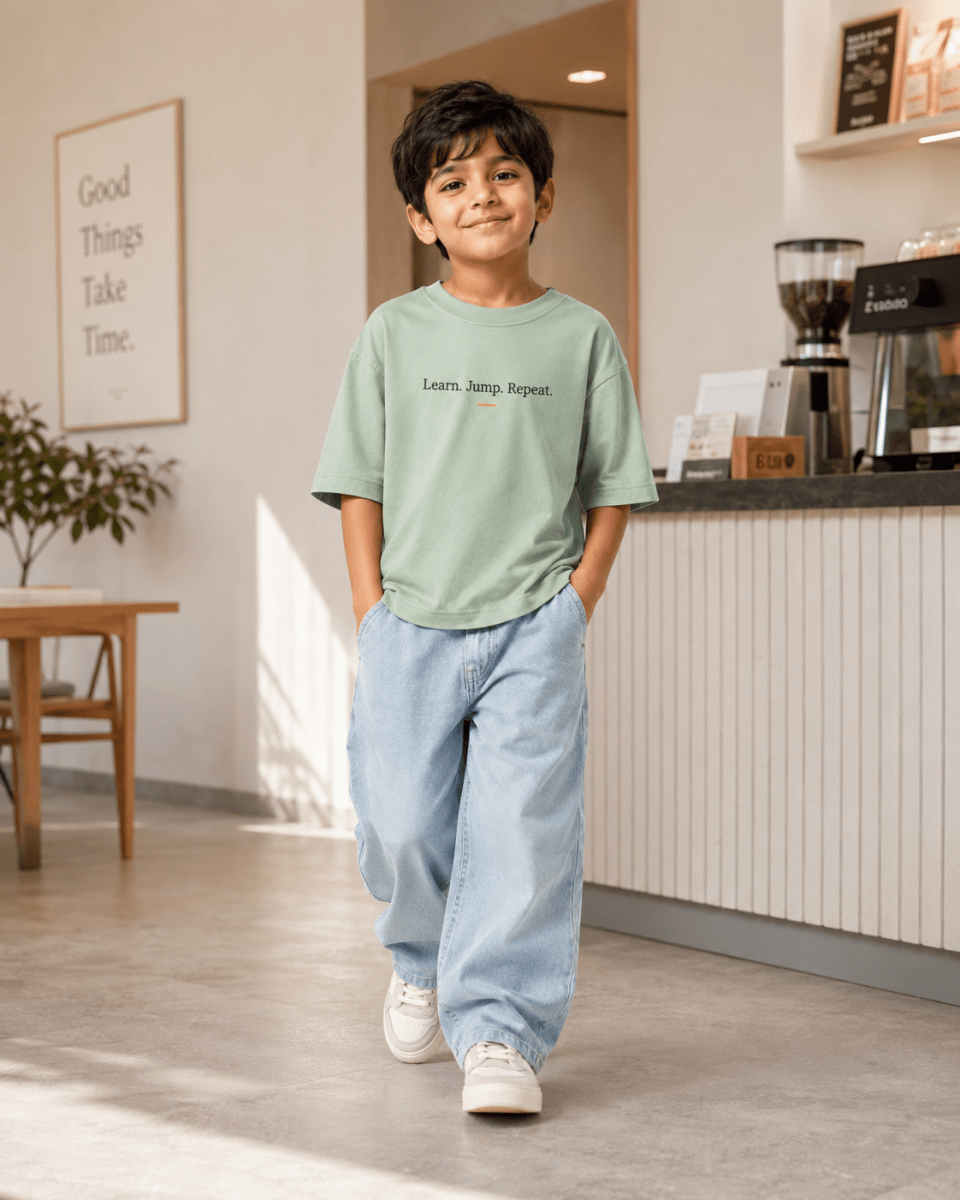 Boys oversized graphic t-shirt in sage green, Keep Growing print, Bold Cub Korean streetwear - lifestyle shot