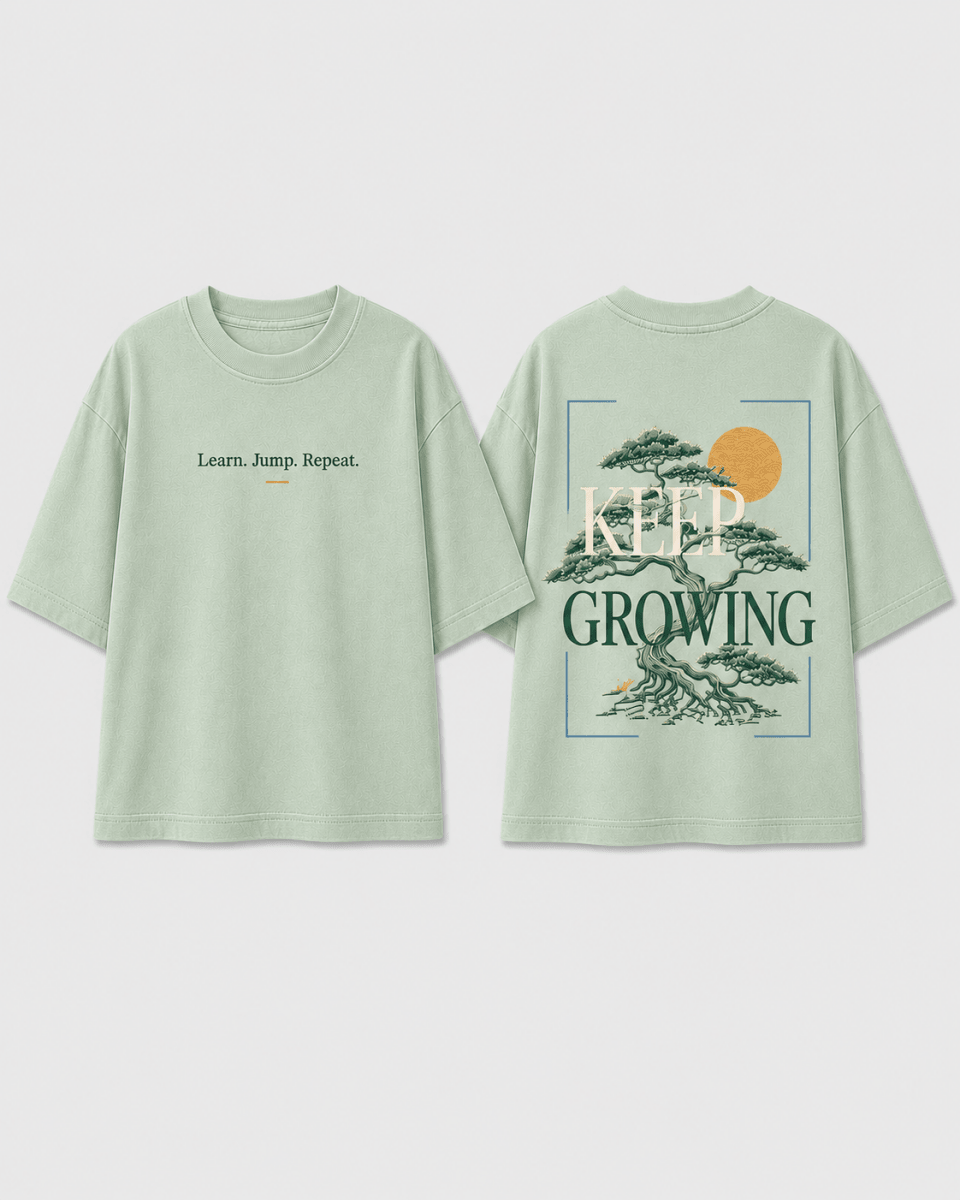Boys oversized graphic t-shirt in sage green, Keep Growing print, Bold Cub Korean streetwear - flat lay