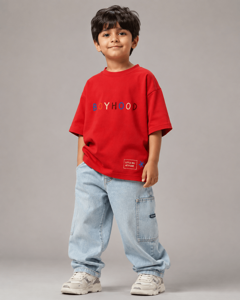 Boys oversized graphic t-shirt in red, There Are No Rules print, Bold Cub Korean streetwear - front