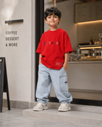 Boys oversized graphic t-shirt in red, There Are No Rules print, Bold Cub Korean streetwear - lifestyle shot