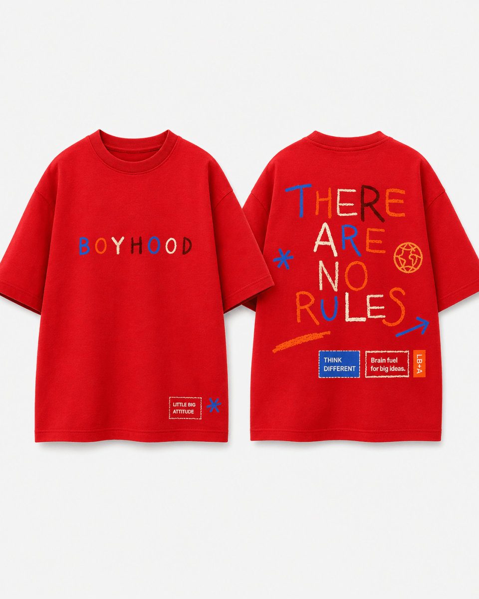 Boys oversized graphic t-shirt in red, There Are No Rules print, Bold Cub Korean streetwear - flat lay