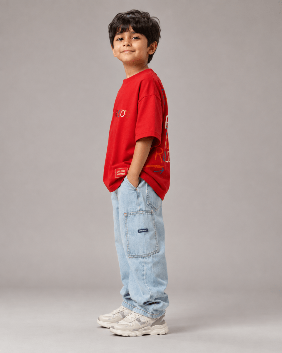 Boys oversized graphic t-shirt in red, There Are No Rules print, Bold Cub Korean streetwear - detail shot