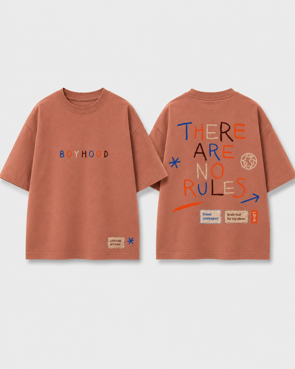 Boys oversized graphic t-shirt in Brown, There Are No Rules print, Bold Cub Korean streetwear - flat lay