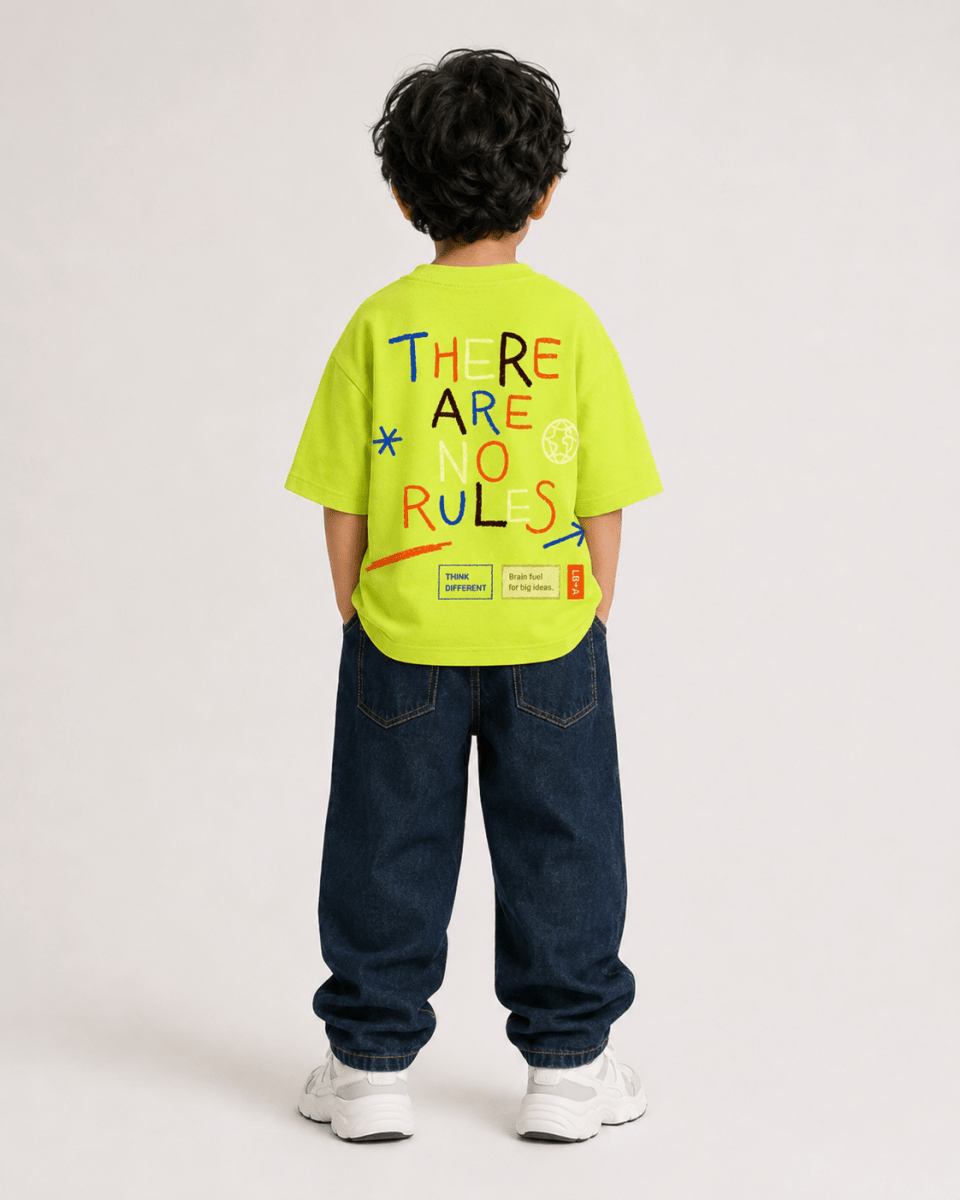 Boys oversized graphic t-shirt in neon lime, There Are No Rules print, Bold Cub Korean streetwear - back