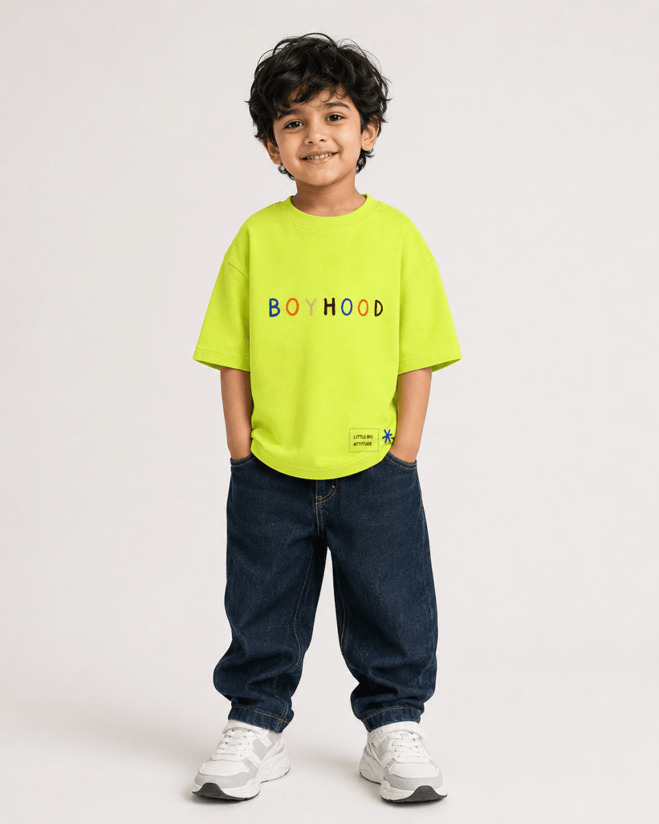 Boys oversized graphic t-shirt in neon lime, There Are No Rules print, Bold Cub Korean streetwear - front
