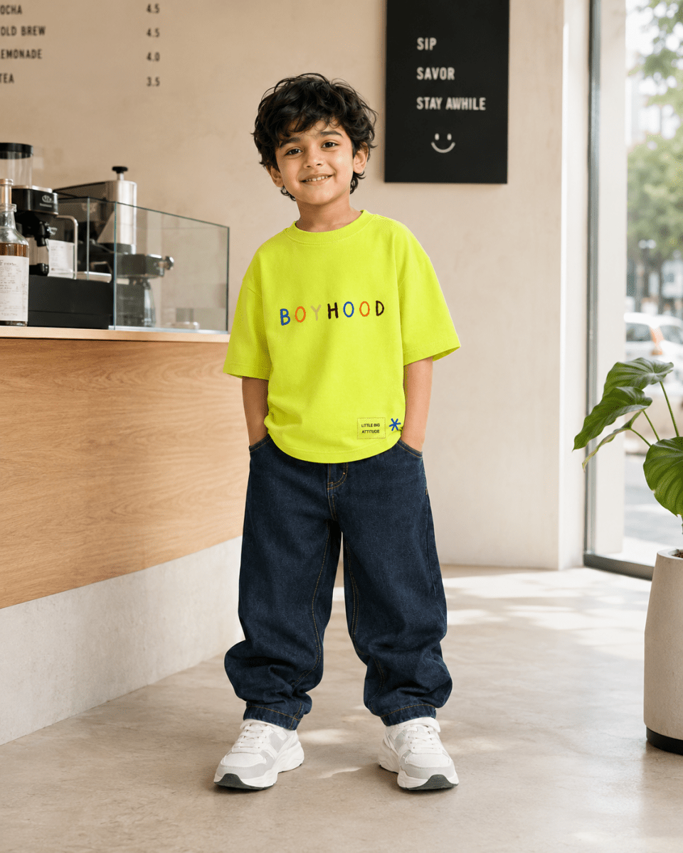 Boys oversized graphic t-shirt in neon lime, There Are No Rules print, Bold Cub Korean streetwear - lifestyle shot