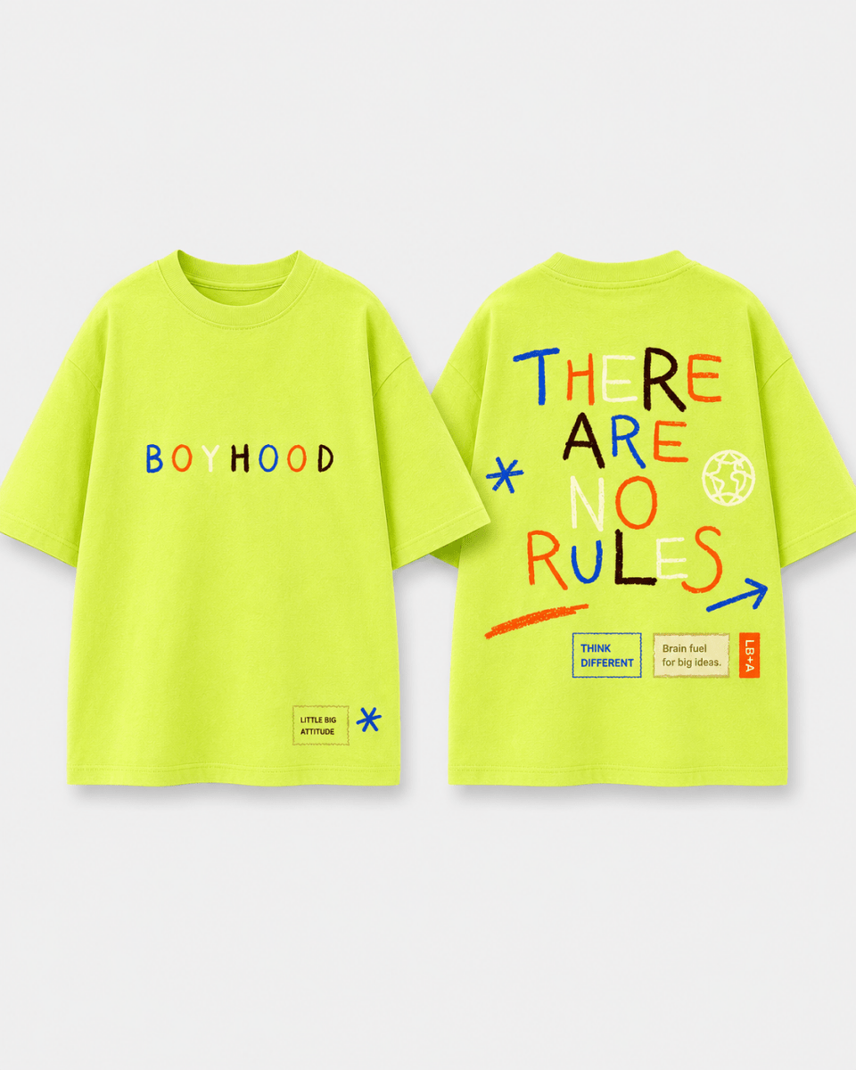 Boys oversized graphic t-shirt in neon lime, There Are No Rules print, Bold Cub Korean streetwear - flat lay