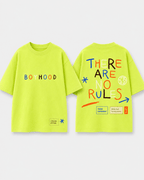 Boys oversized graphic t-shirt in neon lime, There Are No Rules print, Bold Cub Korean streetwear - flat lay