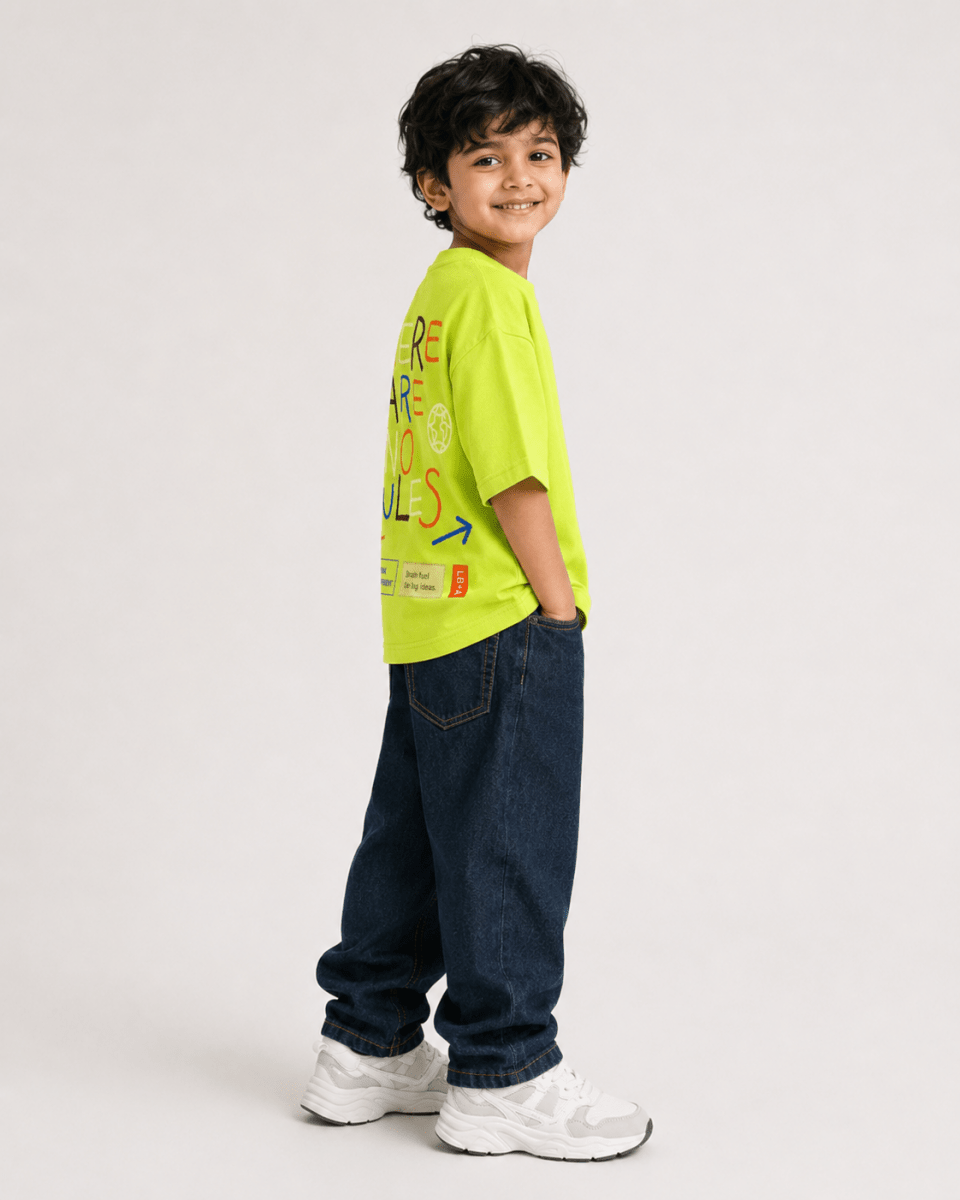 Boys oversized graphic t-shirt in neon lime, There Are No Rules print, Bold Cub Korean streetwear - detail shot