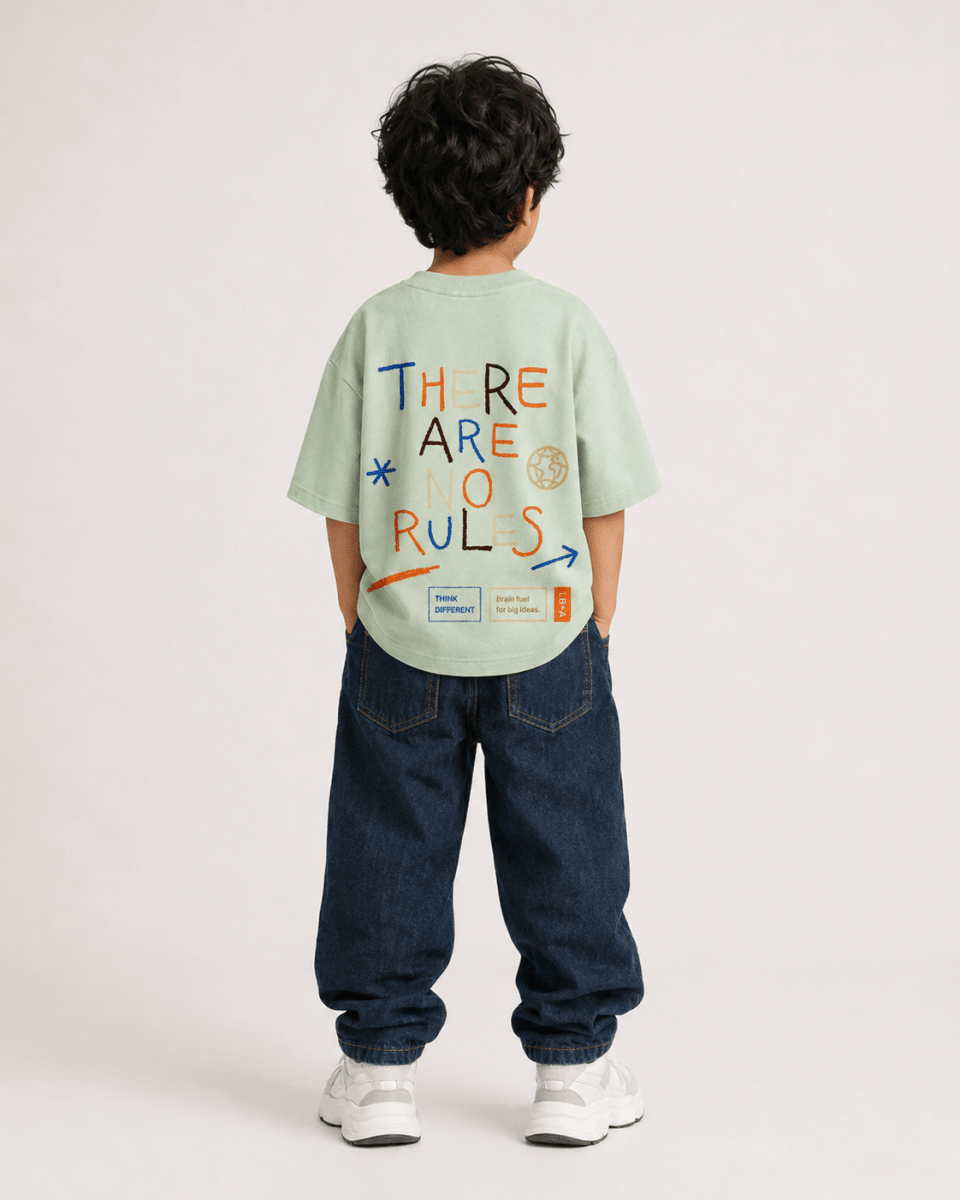 Boys oversized graphic t-shirt in sage green, There Are No Rules print, Bold Cub Korean streetwear - back