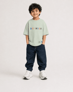 Boys oversized graphic t-shirt in sage green, There Are No Rules print, Bold Cub Korean streetwear - front