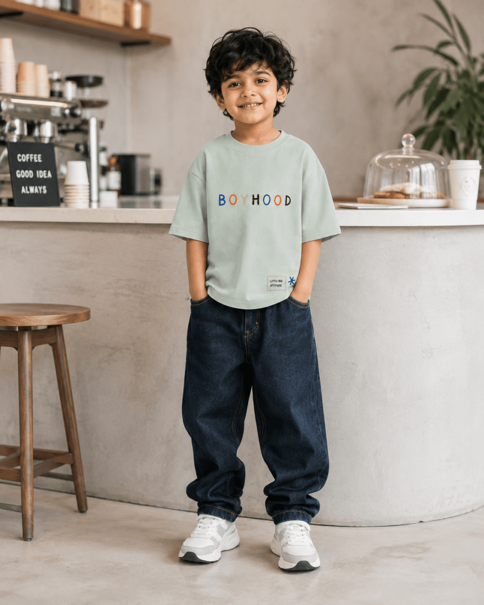 Boys oversized graphic t-shirt in sage green, There Are No Rules print, Bold Cub Korean streetwear - lifestyle shot