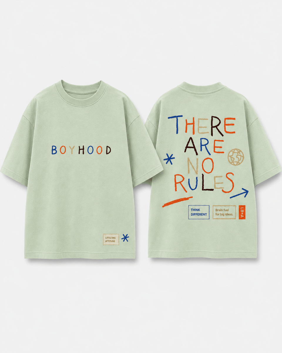 Boys oversized graphic t-shirt in sage green, There Are No Rules print, Bold Cub Korean streetwear - flat lay