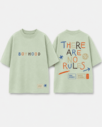 Boys oversized graphic t-shirt in sage green, There Are No Rules print, Bold Cub Korean streetwear - flat lay