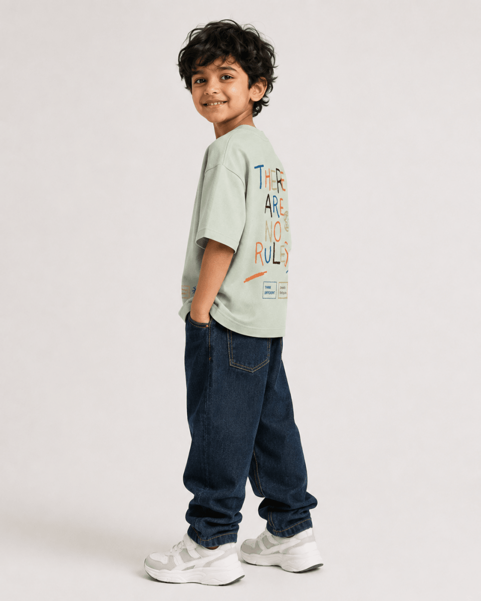 Boys oversized graphic t-shirt in sage green, There Are No Rules print, Bold Cub Korean streetwear - detail shot