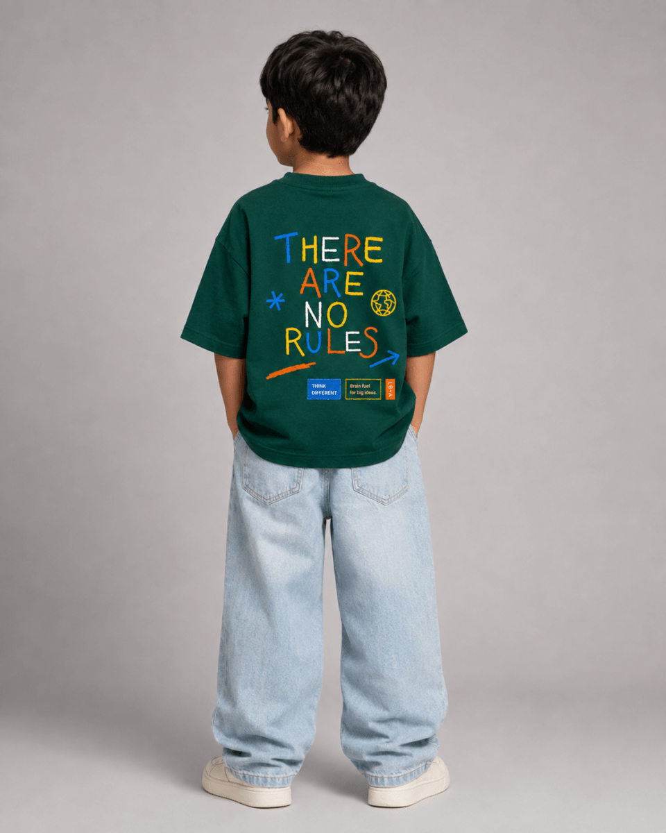 Boys oversized graphic t-shirt in emerald green, There Are No Rules print, Bold Cub Korean streetwear - back