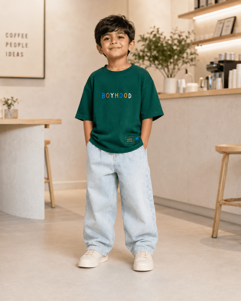 Boys oversized graphic t-shirt in emerald green, There Are No Rules print, Bold Cub Korean streetwear - lifestyle shot
