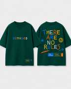 Boys oversized graphic t-shirt in emerald green, There Are No Rules print, Bold Cub Korean streetwear - flat lay