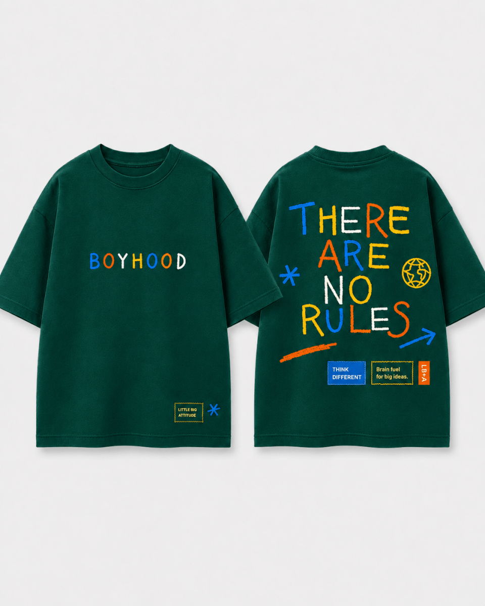 Boys oversized graphic t-shirt in emerald green, There Are No Rules print, Bold Cub Korean streetwear - flat lay
