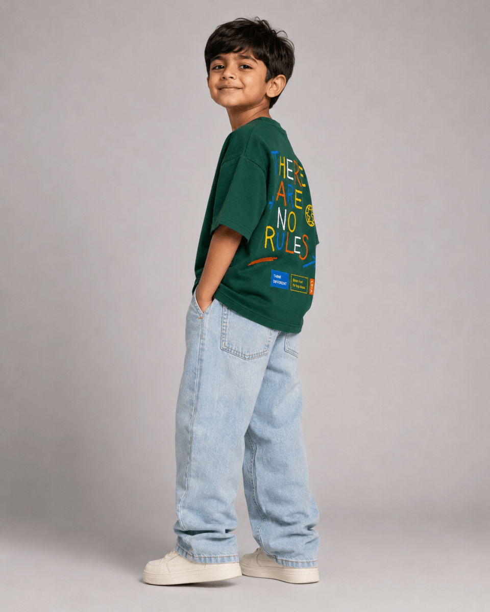 Boys oversized graphic t-shirt in emerald green, There Are No Rules print, Bold Cub Korean streetwear - detail shot