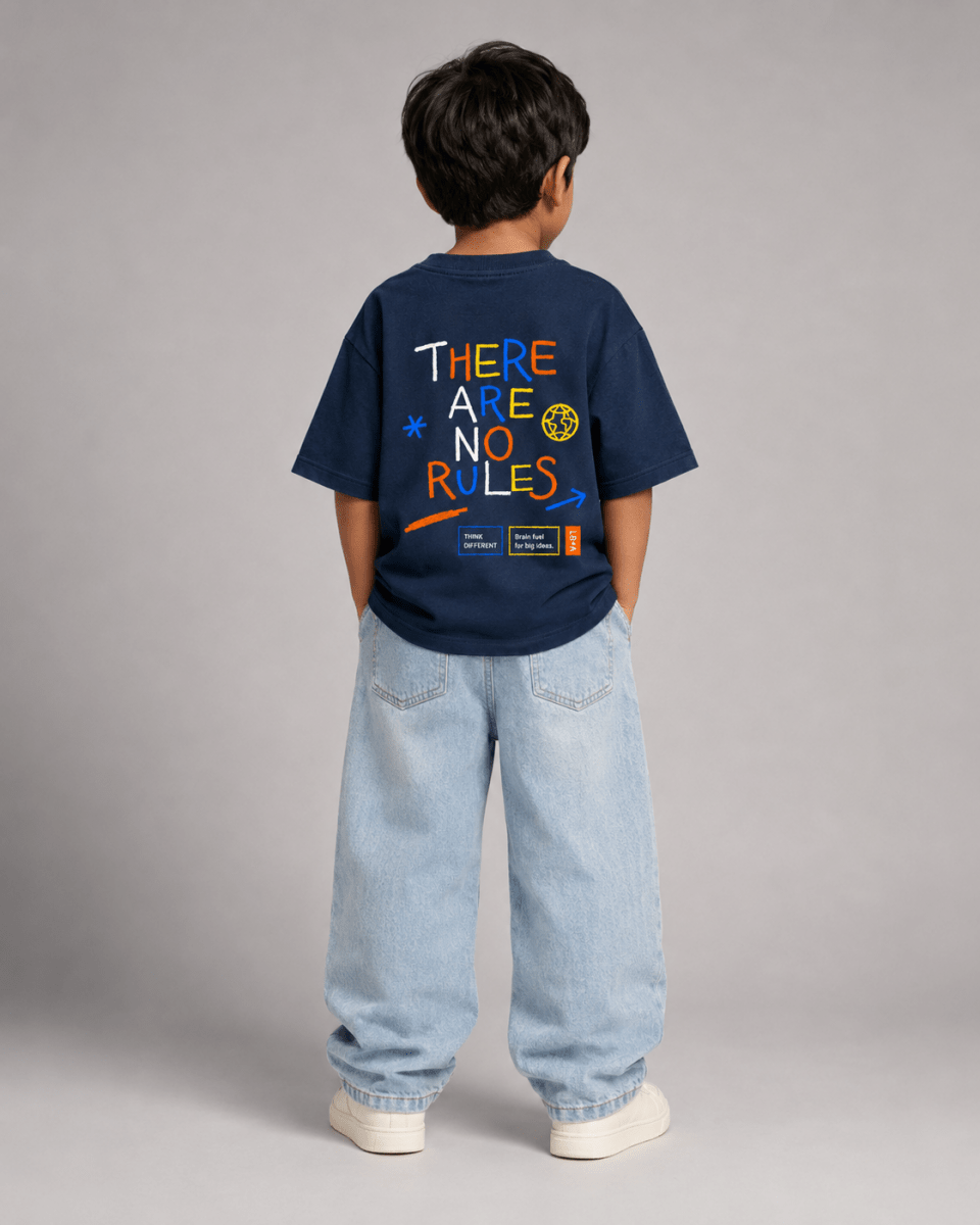 Boys oversized graphic t-shirt in navy blue, There Are No Rules print, Bold Cub Korean streetwear - back
