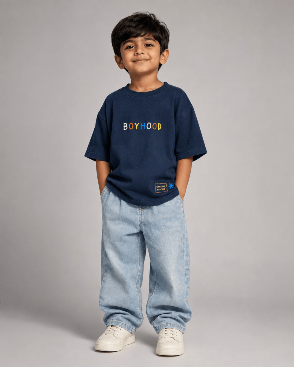 Boys oversized graphic t-shirt in navy blue, There Are No Rules print, Bold Cub Korean streetwear - front