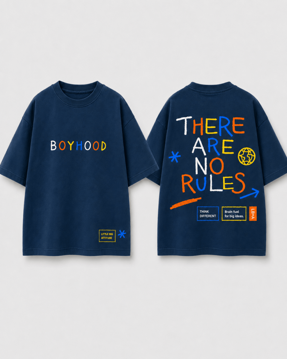 Boys oversized graphic t-shirt in navy blue, There Are No Rules print, Bold Cub Korean streetwear - flat lay