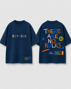 Boys oversized graphic t-shirt in navy blue, There Are No Rules print, Bold Cub Korean streetwear - flat lay