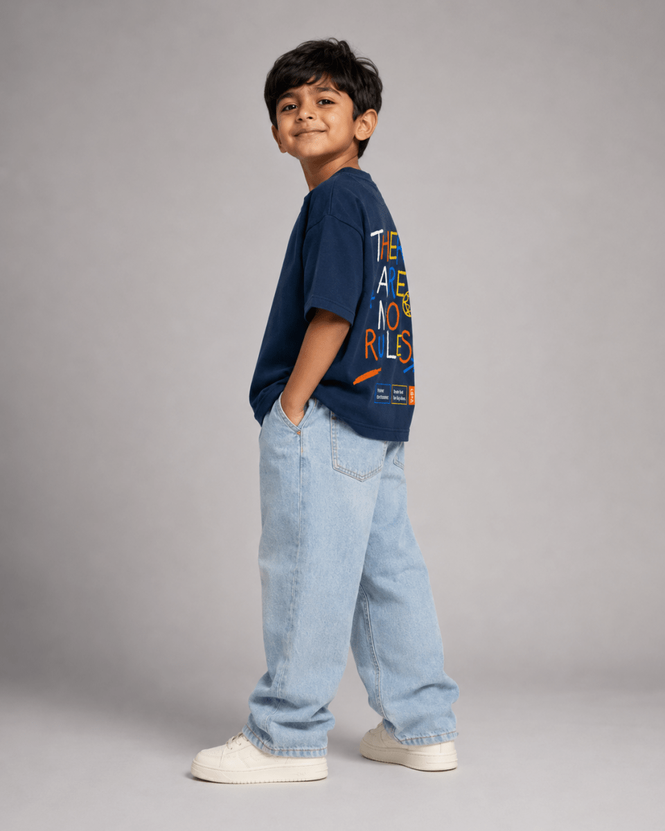Boys oversized graphic t-shirt in navy blue, There Are No Rules print, Bold Cub Korean streetwear - detail shot
