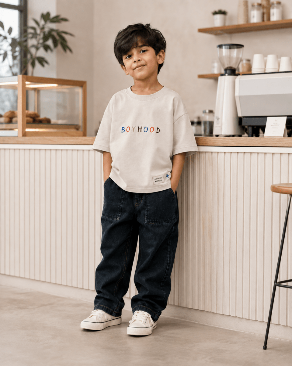 Boys oversized graphic t-shirt in off-white, There Are No Rules print, Bold Cub Korean streetwear - lifestyle shot